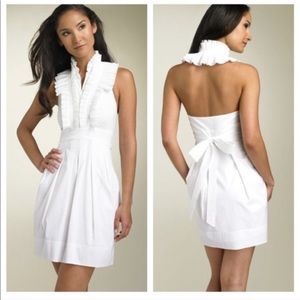 Red BCBGMaxazria Poplin Pleated Ruffle Neck Dress